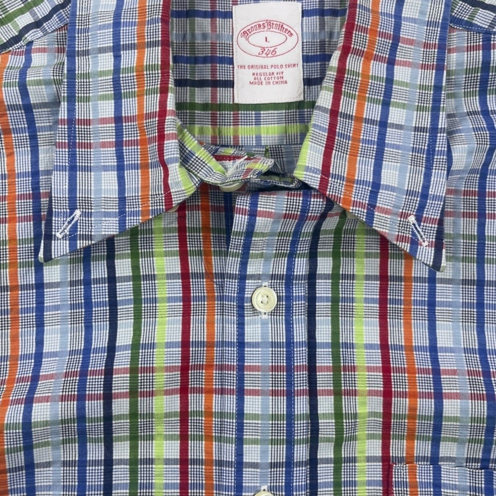 Brooks Brothers 346 Mens Large Short Sleeve Plaid Seersucker Cotton Shirt Multi - Picture 4 of 6